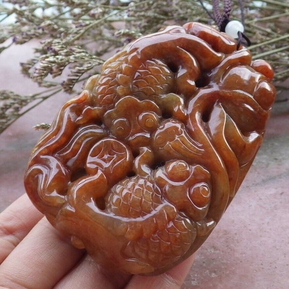 Certified Natural Myanmar Burma A Jade jadeite Gold Fish Lotus Pendant Necklace - Picture 1 of 6